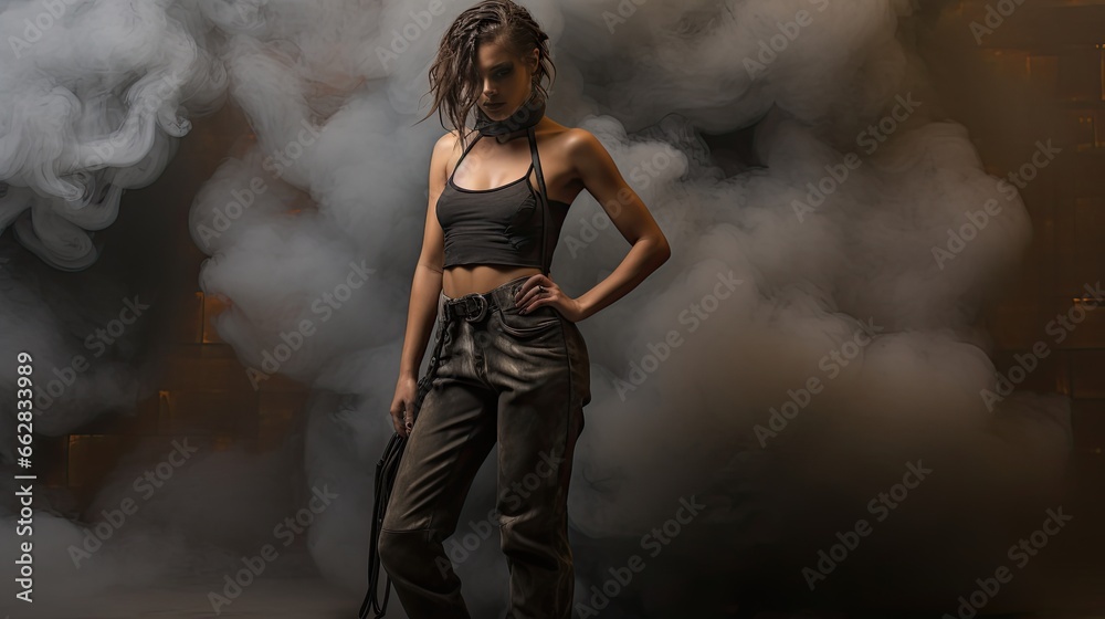 Model showcasing a post-apocalyptic theme, with dramatic grey and black smoke