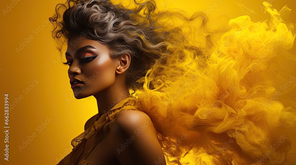 Model showcasing an AI-inspired look, with yellow smoke tendrils enveloping from behind