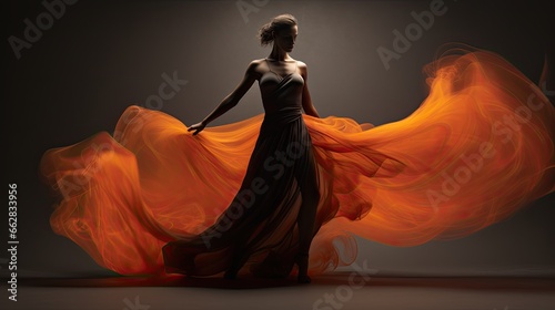 Model in a dynamic pose showcasing kinetic fashion, with electric orange smoke patterns