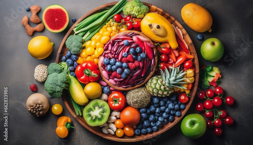 Healthy eating with a variety of organic fruit and vegetables