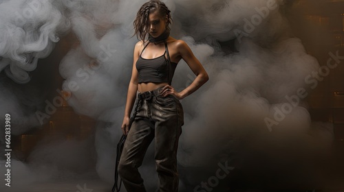 Model showcasing a post-apocalyptic theme, with dramatic grey and black smoke © Filip