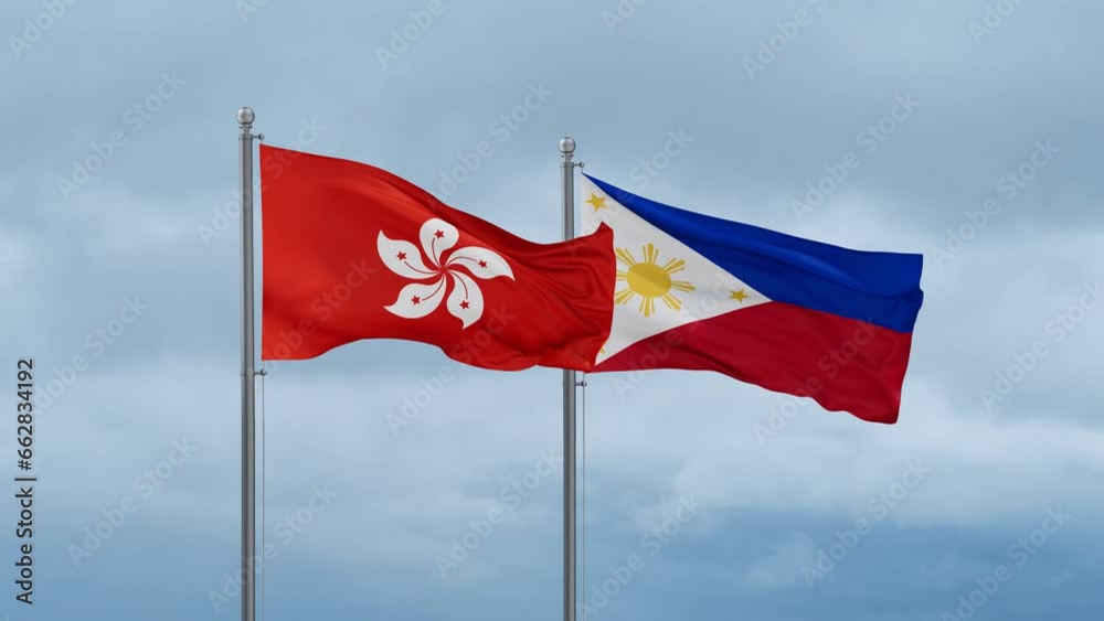 Philippines and Hong Kong flag waving together on cloudy sky, endless seamless loop, two country cooperation concept Philippines and Hong Kong flag waving together on cloudy sky, endless seamless loop, two country cooperation concept
