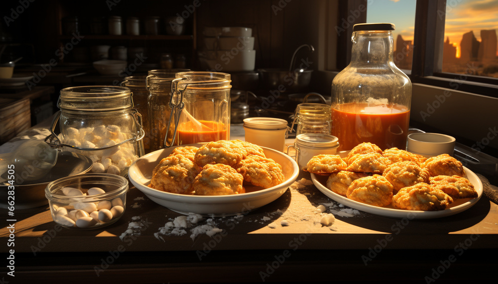 Freshness and gourmet meal on a wooden table in the kitchen generated by AI Freshness and gourmet meal on a wooden table in the kitchen generated by AI