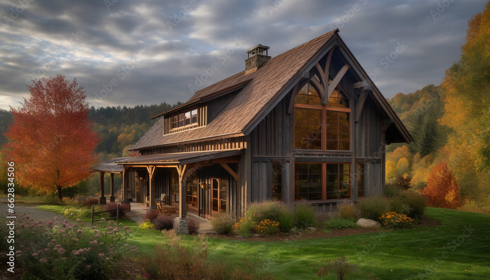 Rustic log cabin nestled in tranquil autumn forest landscape