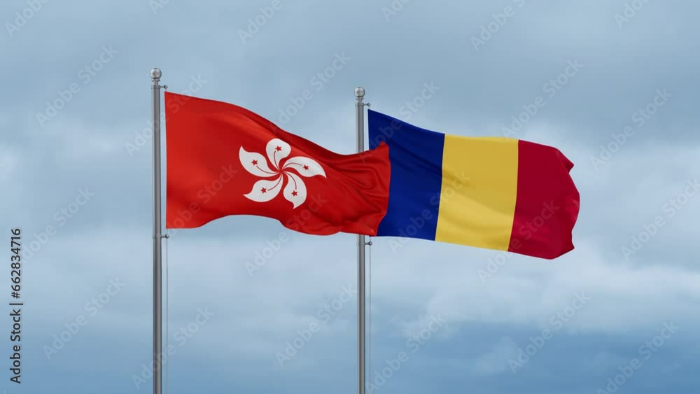 Romania and Hong Kong flag waving together on cloudy sky, endless seamless loop, two country cooperation concept