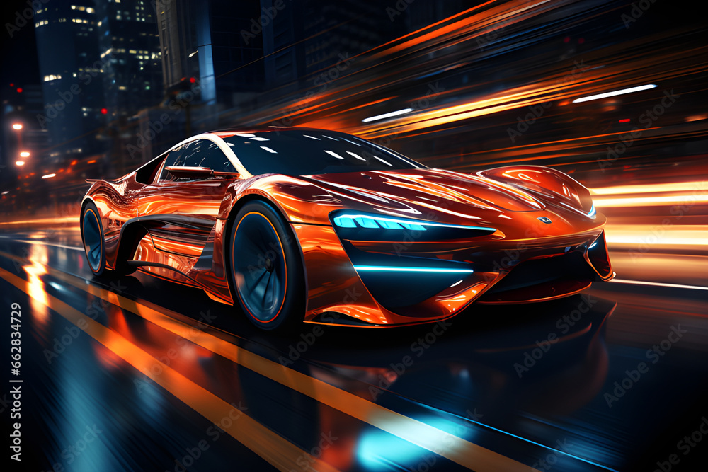 A sleek and aerodynamic vehicle speeding through a neon-lit urban landscape of the future, generative AI