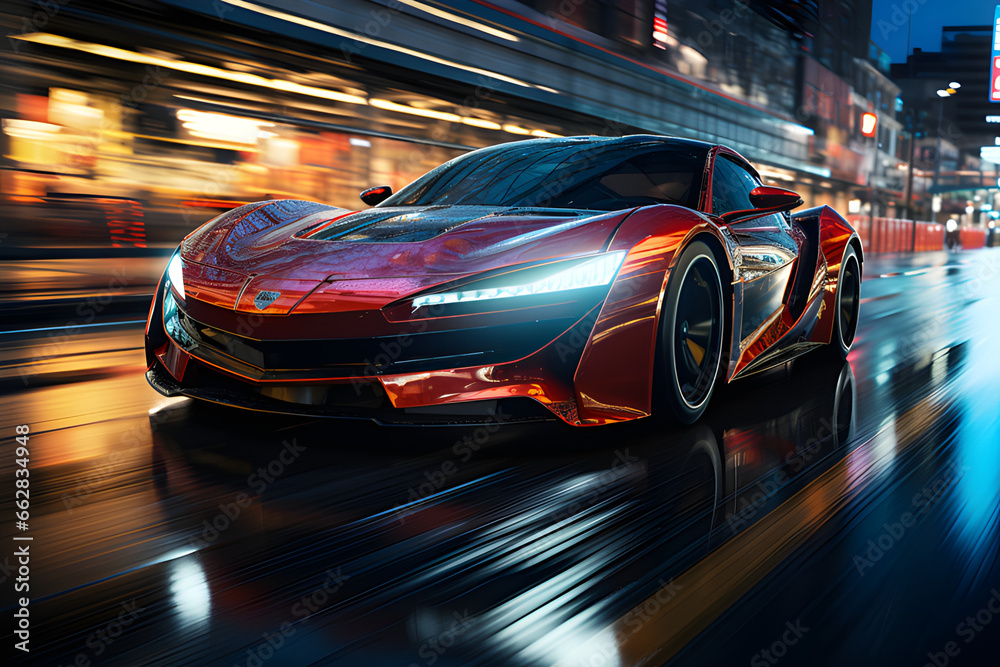 A sleek and aerodynamic vehicle speeding through a neon-lit urban landscape of the future, generative AI A sleek and aerodynamic vehicle speeding through a neon-lit urban landscape of the future, generative AI