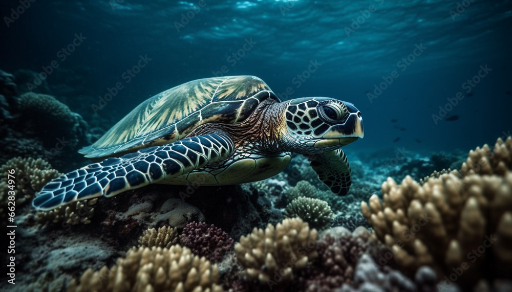 Fototapeta premium Underwater adventure Turtle swims among multi colored coral and fish