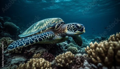 Underwater adventure Turtle swims among multi colored coral and fish