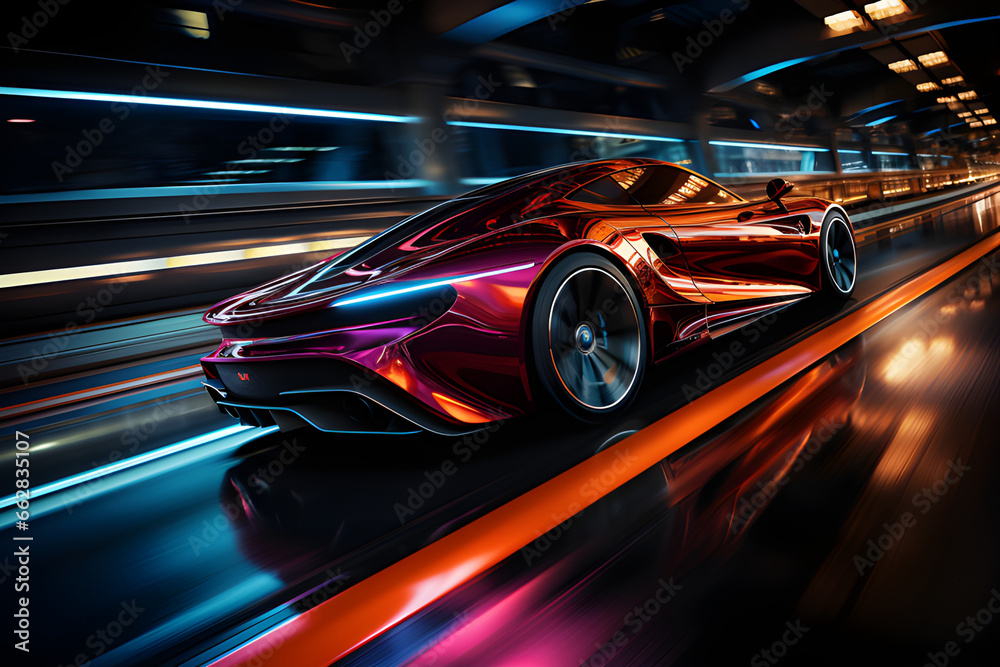A sleek and aerodynamic vehicle speeding through a neon-lit urban landscape of the future, generative AI