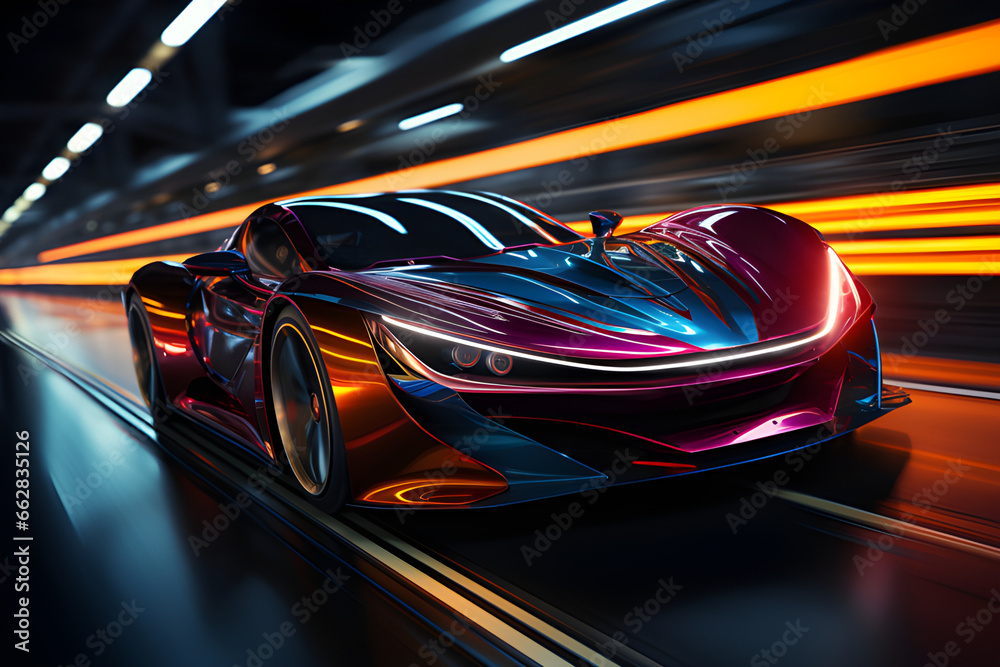 A sleek and aerodynamic vehicle speeding through a neon-lit urban landscape of the future, generative AI