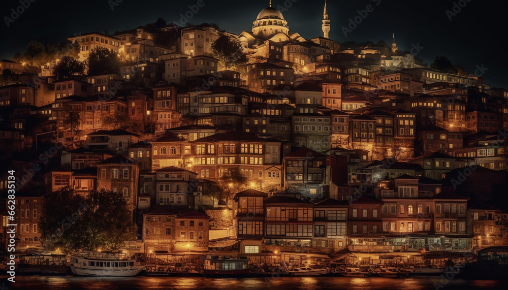 Illuminated cityscape at dusk, famous landmarks reflect on water Illuminated cityscape at dusk, famous landmarks reflect on water