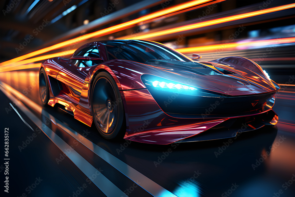 A sleek and aerodynamic vehicle speeding through a neon-lit urban landscape of the future, generative AI