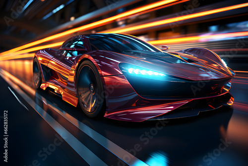 A sleek and aerodynamic vehicle speeding through a neon-lit urban landscape of the future, generative AI