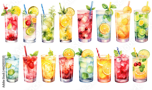 Set of glasses different lemonade drinks made with soda water isolated on transparent background.