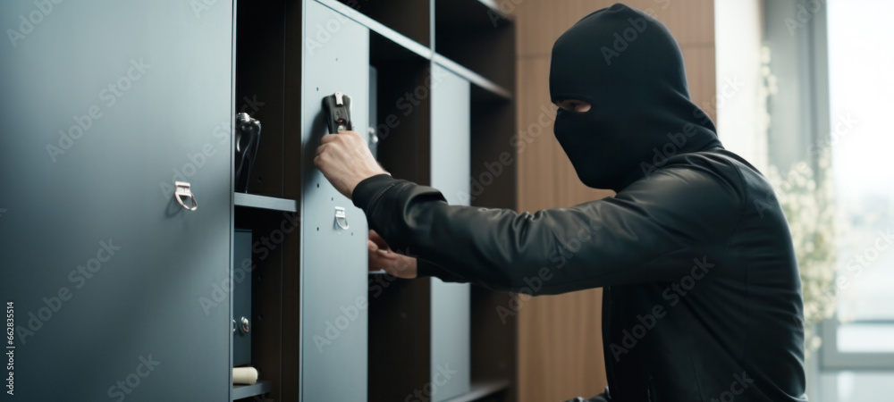 Burglary or thief breaking into a home opens the lock on the door of a country house, theft crime criminal case concept, Burglar breaking into house