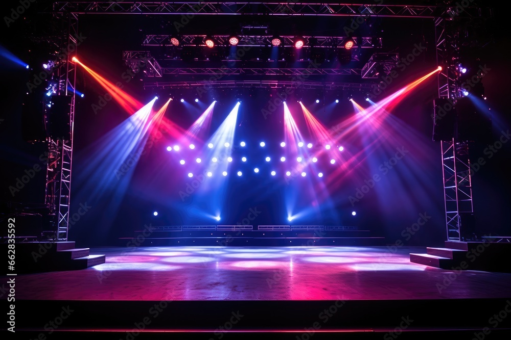 Illuminated stage with scenic lights and smoke. Blue and red spotlight with smoke volume light effect on black background. - obrazy, fototapety, plakaty 