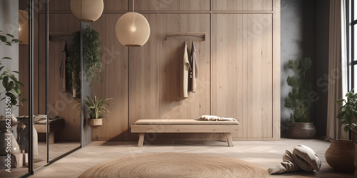 Fototapeta Simple nad stylish nterior of wardrobe with wooden furniture