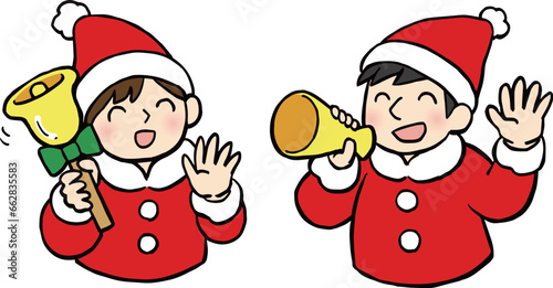 サンタ衣装にメガホンとハンドベルでイベントを盛り上げる男女のイラスト