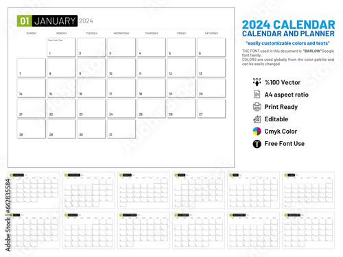 2024 calendar and planner with easily customizable colors and texts