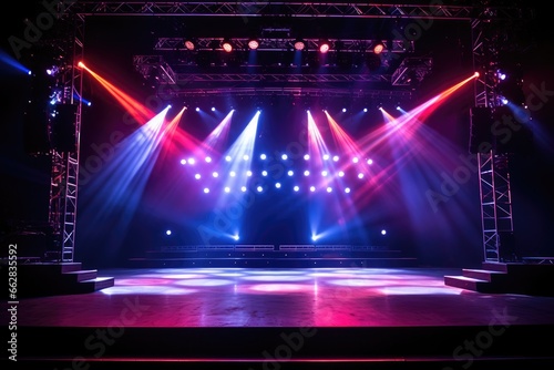 Illuminated stage with scenic lights and smoke. Blue and red spotlight with smoke volume light effect on black background.