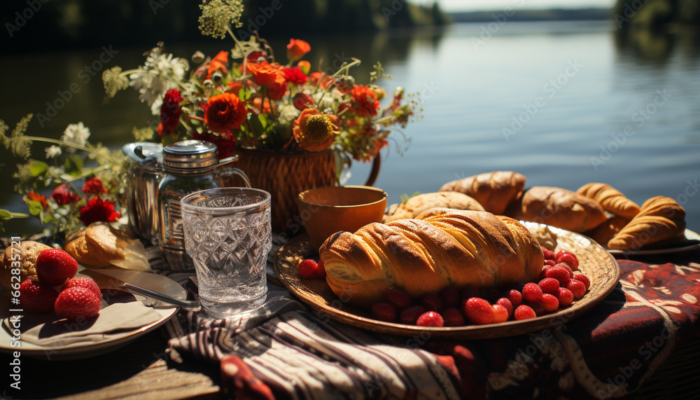 Freshness of nature gourmet meal, a rustic picnic of sweet berries generated by AI