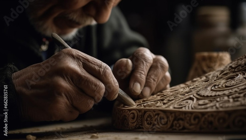 Craftsman hand carving leather, concentrating on creating handmade product