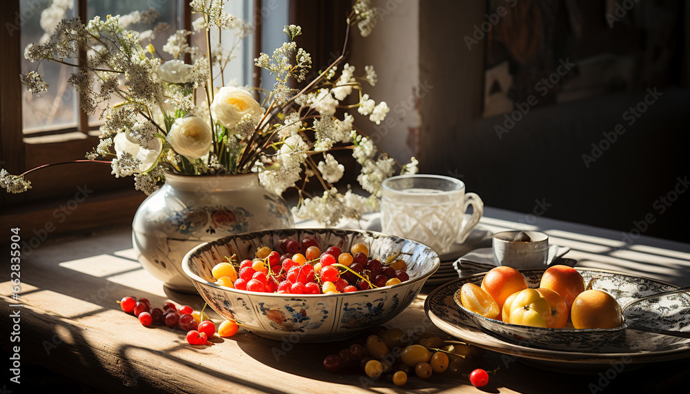 Freshness of nature in a rustic bowl, a gourmet still life generated by AI