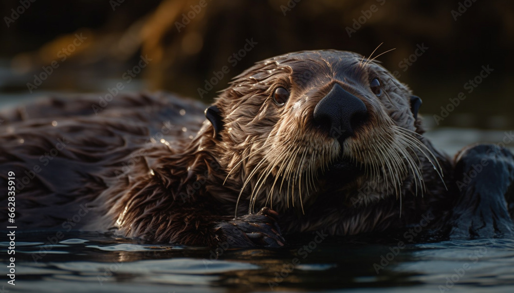 Playful seal swimming in tranquil pond, looking at camera