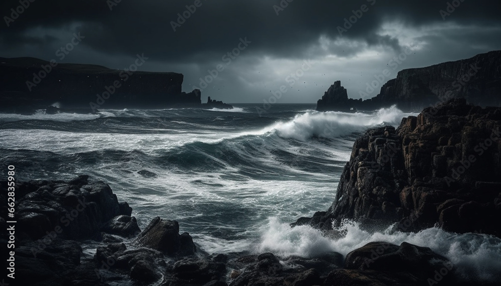 Majestic cliff, rough waters crash against rocks, dramatic sky at dusk