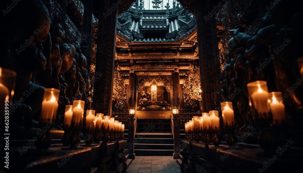 Fototapeta premium Candlelight illuminates ancient altar in tranquil place of worship