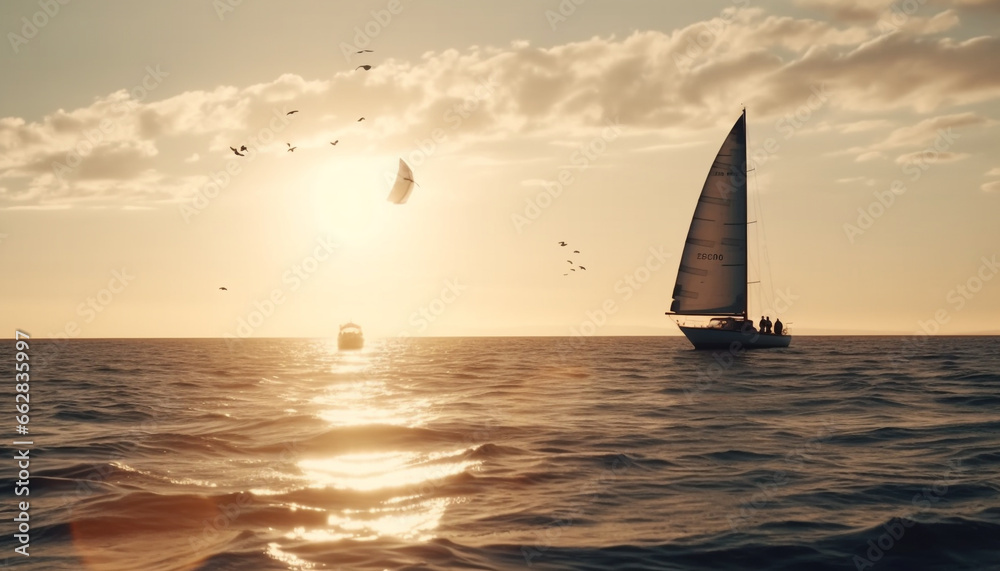 Fototapeta premium Sailing yacht glides on waves, chasing the sunset beauty