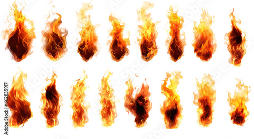 Collection set realistic fire flame effect isolated on transparent background.