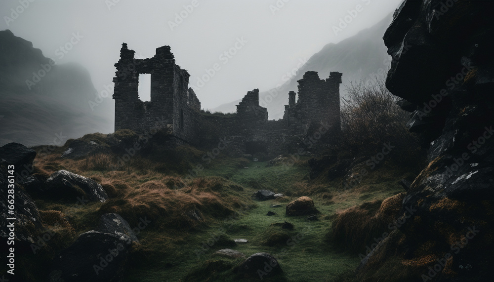 Ancient ruins on mountain cliff, foggy, abandoned, mysterious adventure