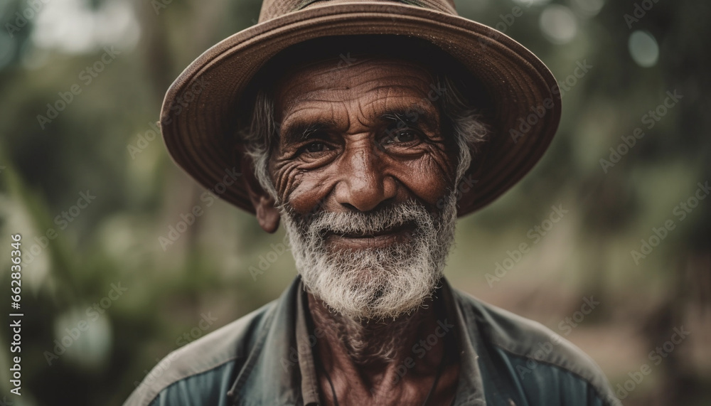 Smiling senior farmer, one man portrait, outdoors in rural scene