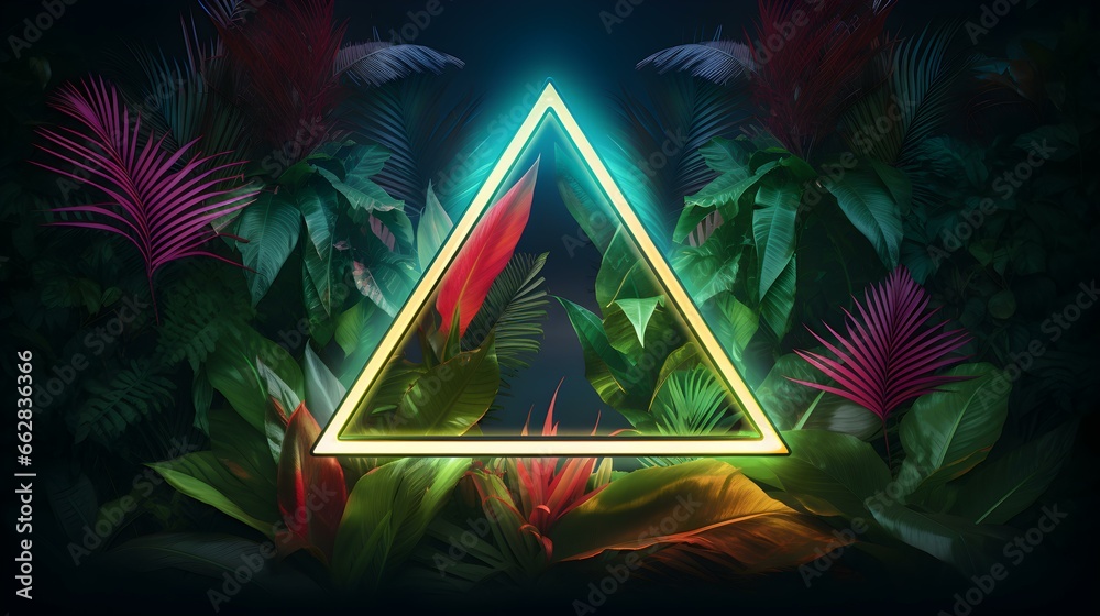 custom made wallpaper toronto digitalGreen Neon Triangle surrounded by Tropical Leaves. Exotic Backdrop with Copy Space