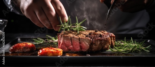 Cook artistically plating grilled meat adding rosemary to steak With copyspace for text photo