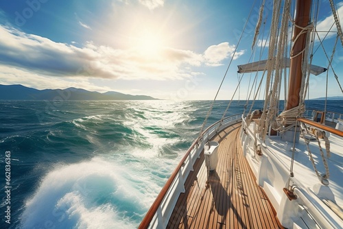 Scenic ship deck view sailing on wave-filled sea under a sunny sky. Generative AI © Cassidy