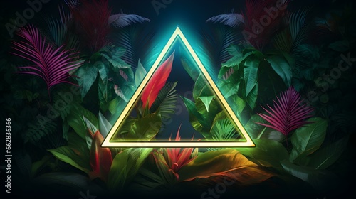 Wallpaper Mural Green Neon Triangle surrounded by Tropical Leaves. Exotic Backdrop with Copy Space Torontodigital.ca