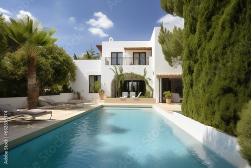 A chic villa with a Mediterranean feel and a pool. Generative AI © Yasmina