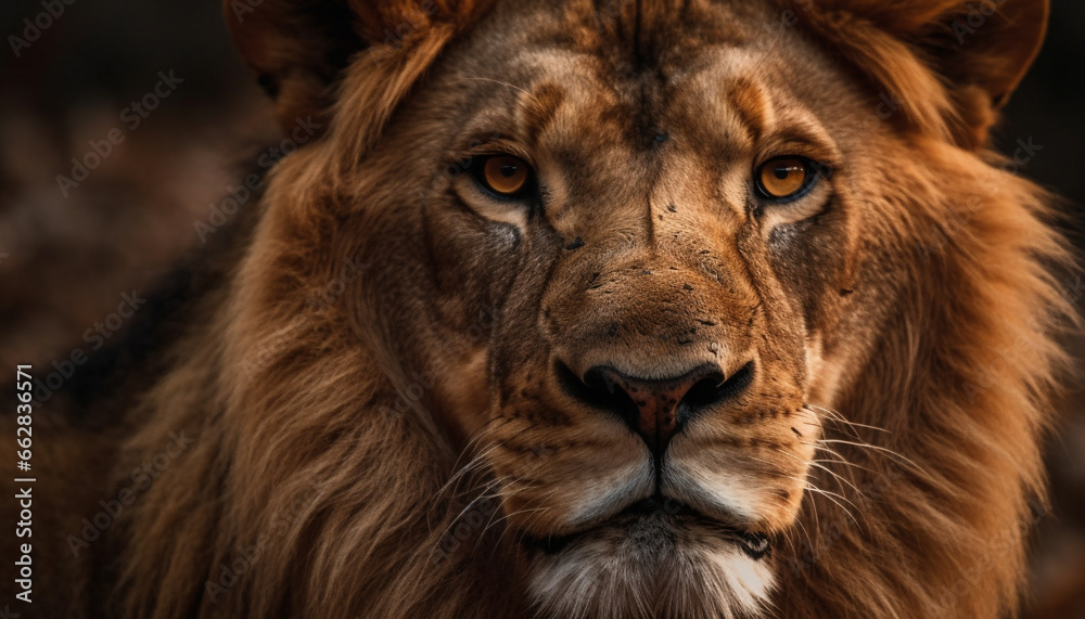 Majestic lion staring with alertness, selective focus on large teeth Majestic lion staring with alertness, selective focus on large teeth