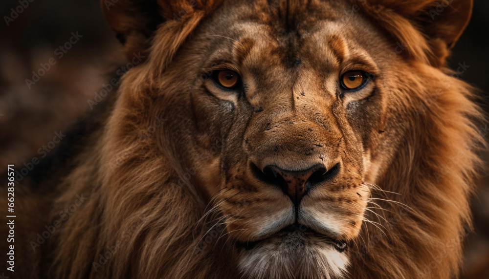 Majestic lion staring with alertness, selective focus on large teeth