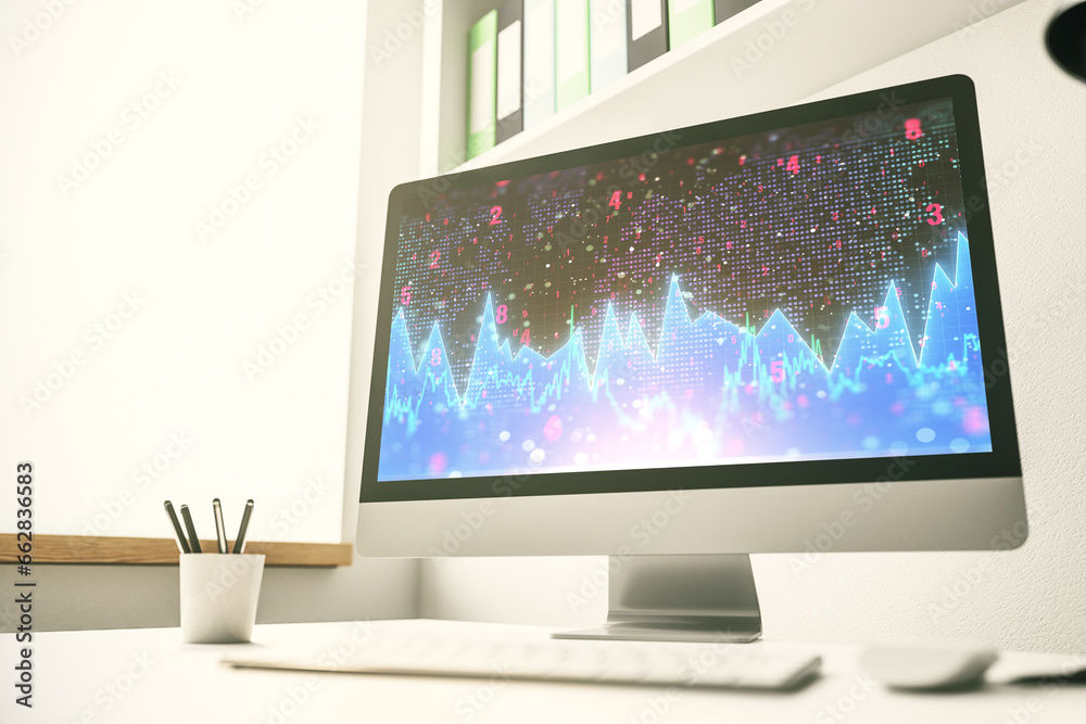 Modern computer monitor with abstract creative statistics data hologram, statistics and analytics concept. 3D Rendering Modern computer monitor with abstract creative statistics data hologram, statistics and analytics concept. 3D Rendering