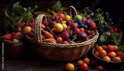 Fresh organic fruit bowl on rustic wooden table with variety © Stockgiu
