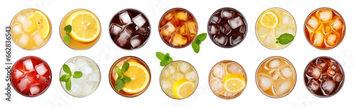 Set of glasses summer lemonade and iced coffee, top view isolated on transparent background.
