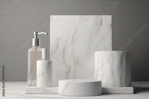 3D rendering of white rock slabs product display mockup with marble stone podium showcase and cosmetic object placement. Generative AI