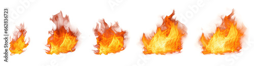 Collection set realistic fire flame effect isolated on transparent background.