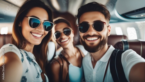 Happy tourist taking selfie inside airplane - Cheerful couple on summer vacation