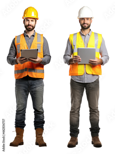 Full body portrait of engineer construction man holding digital tablet isolated on transparent background.
