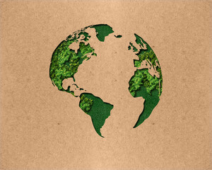 Green World Map- 3D tree or forest shape of world map isolated on white background. World Map Green Planet Earth Day or Environment day Concept. Green earth with electric car. Paris agreement concept.
